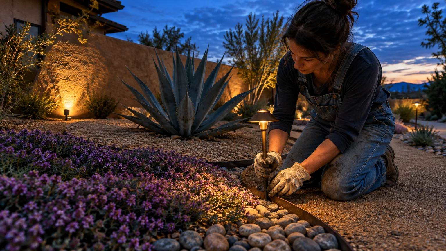 Woman kneeling in a gravel garden at dusk, installing a low-voltage path light beside purple groundcover and an agave plant.