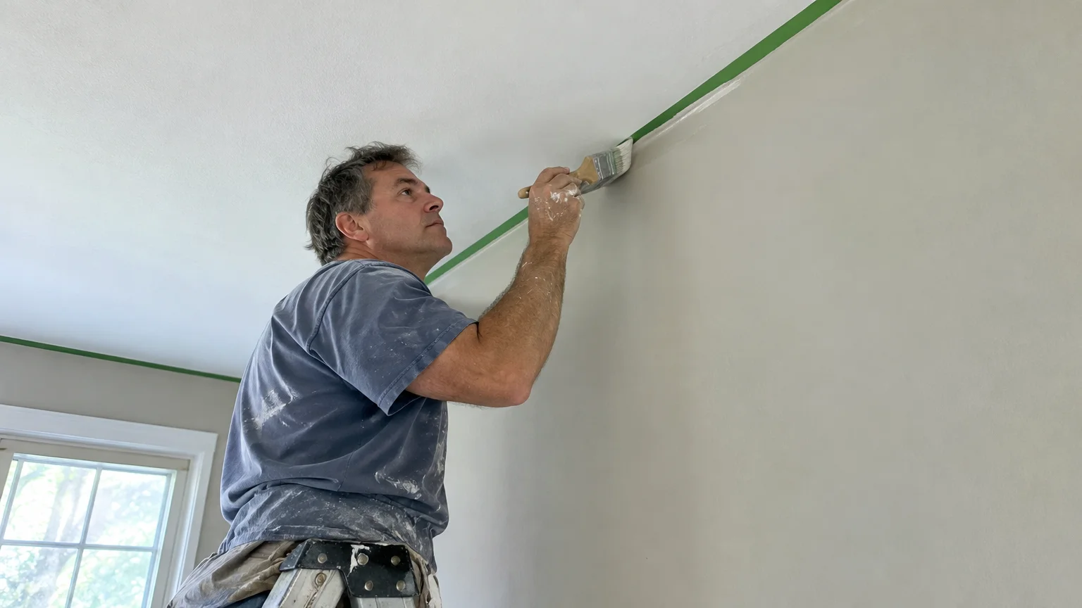 A man on a stepladder uses a paintbrush to carefully cut in paint along green painter's tape near a white ceiling.