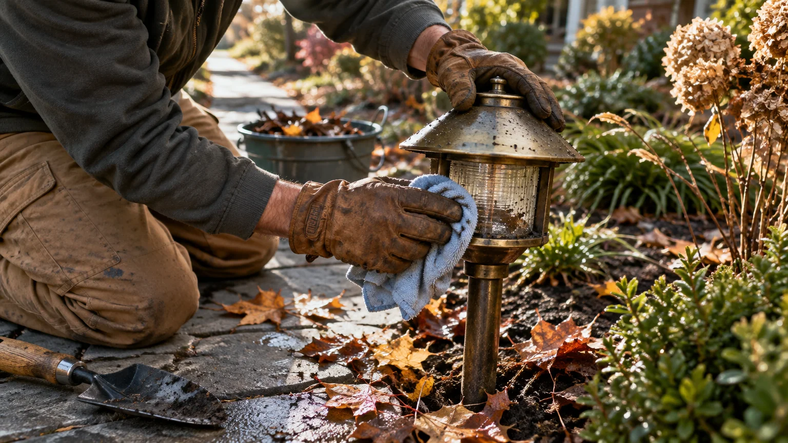 Person in leather gloves wiping a garden walkway light fixture with a blue cloth along a stone path.