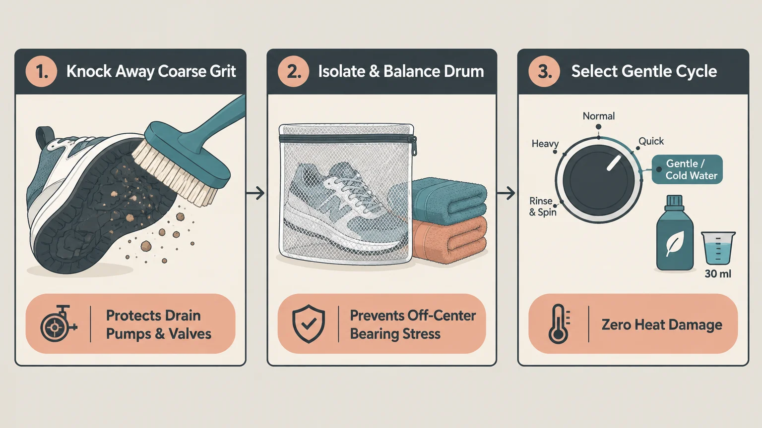 Three-step diagram for washing sneakers showing sole brushing, bagging with towels, and selecting a gentle cold cycle.