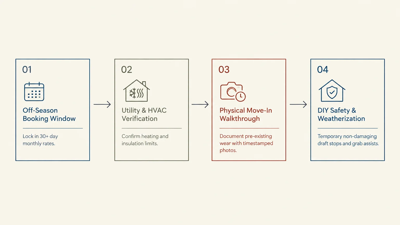 Flowchart showing four numbered steps with icons from off-season booking and utility checks to walkthrough and safety.