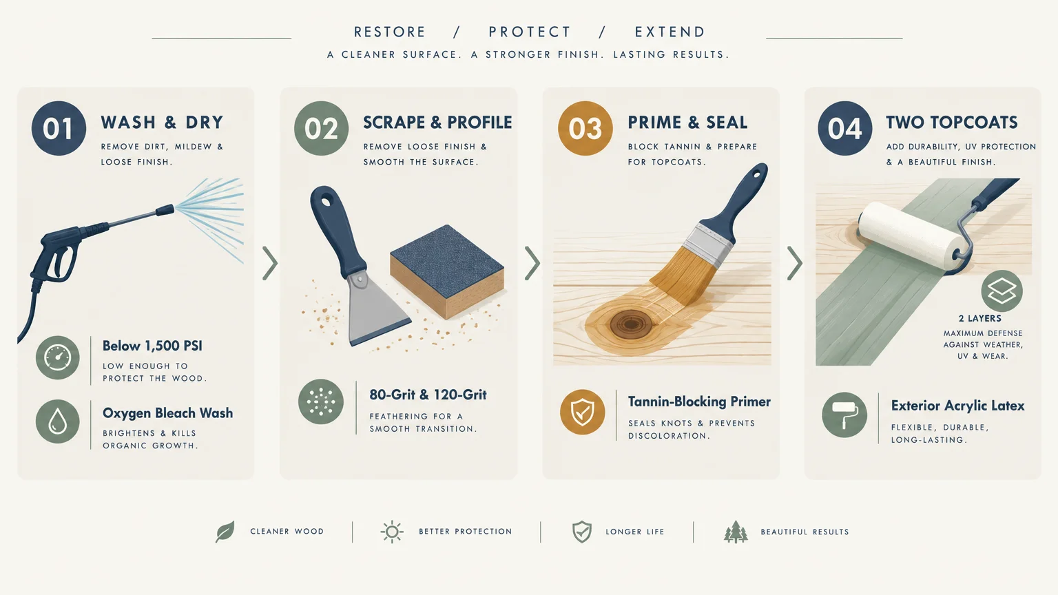 Four-step diagram showing wash and dry, scrape and profile, prime and seal, and two topcoats for exterior wood.
