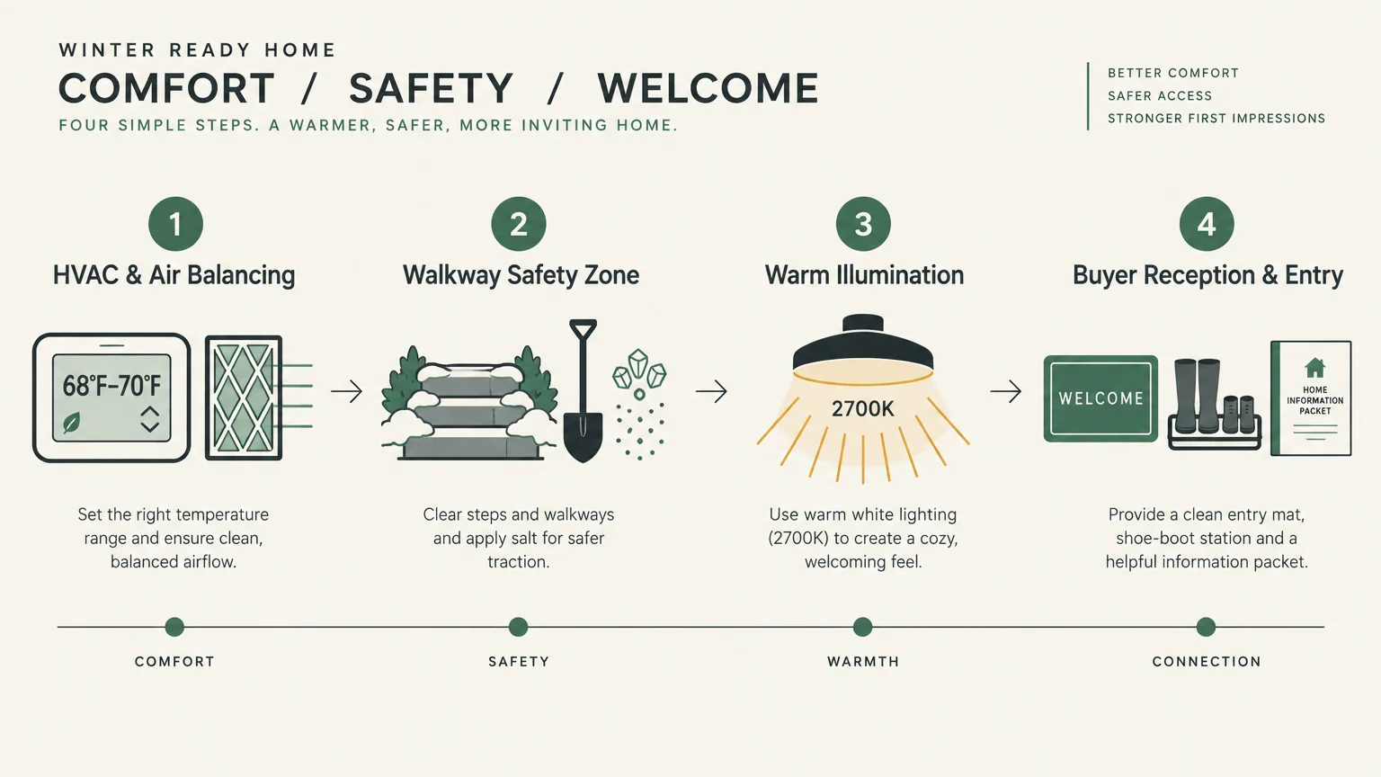 Infographic showing four steps for winter home readiness: HVAC balancing, walkway safety, warm lighting, and buyer entry.