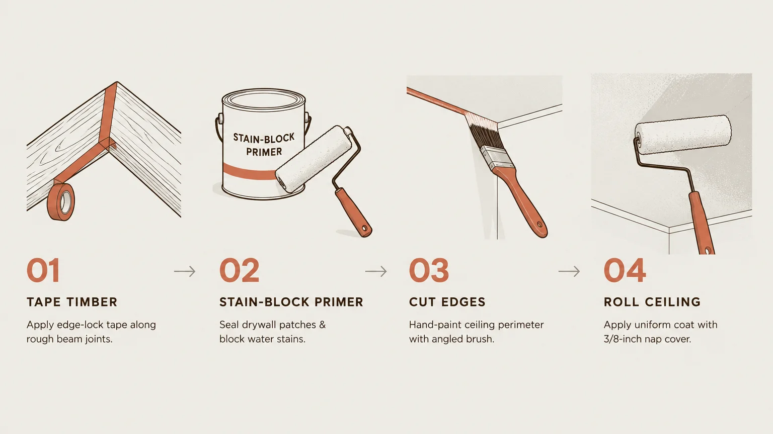 Diagram illustrating four painting steps: taping timber, using stain-block primer, cutting edges, and rolling the ceiling.
