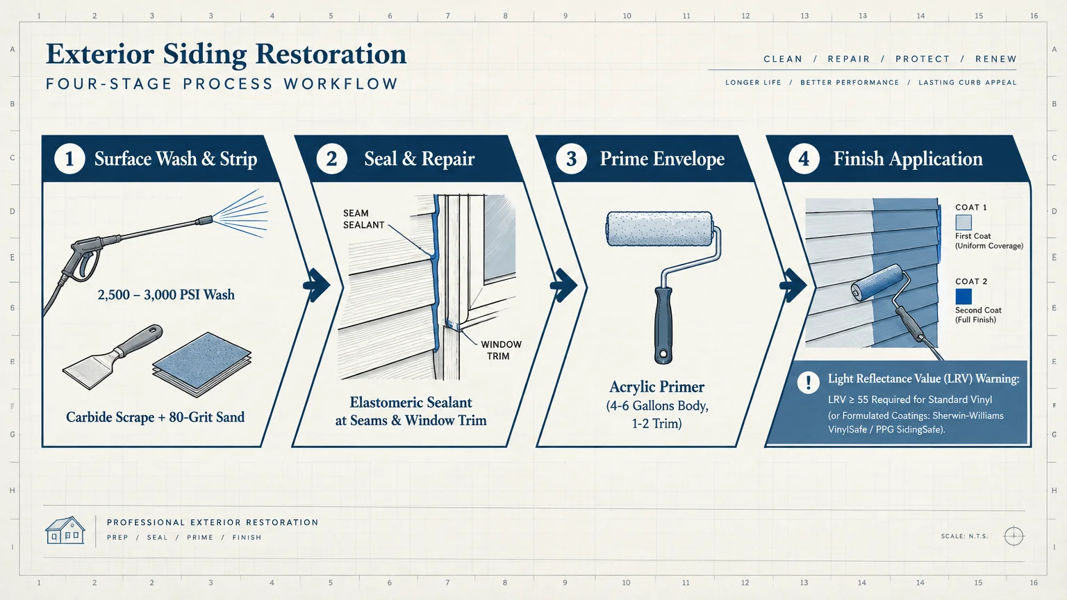 Four-stage workflow diagram detailing exterior siding restoration steps: surface wash, seal, prime, and finish application.