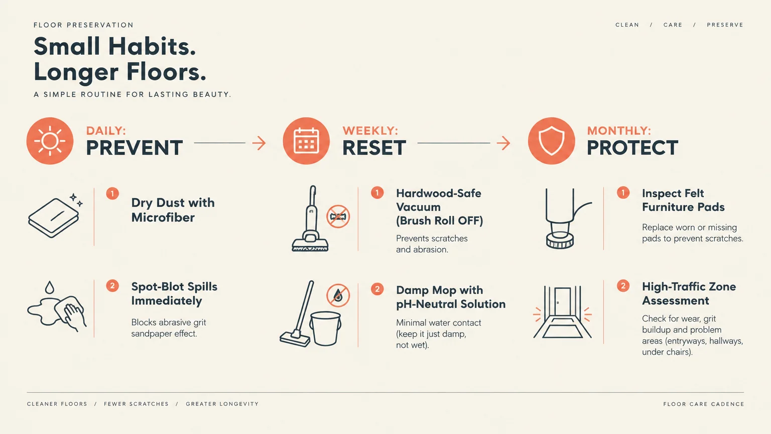 Floor care infographic outlining daily prevent, weekly reset, and monthly protect routines with line icons.