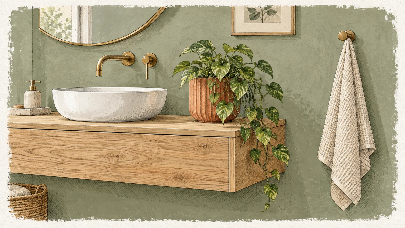 Illustration of a floating wood bathroom vanity with a vessel sink, brass faucet, potted plant, and green wall.
