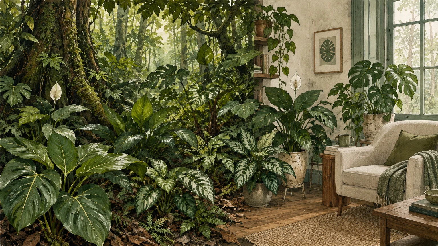 Split illustration blending a lush rainforest floor seamlessly into a cozy living room with potted houseplants and an armchair.