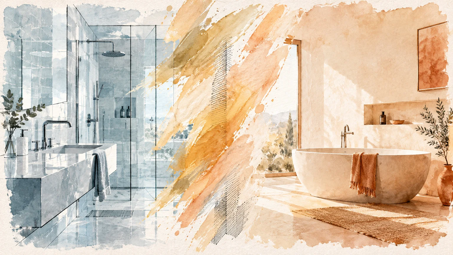 Split watercolor illustration showing a cool blue tiled bathroom transitioning into a warm, sunlit peach bathroom.