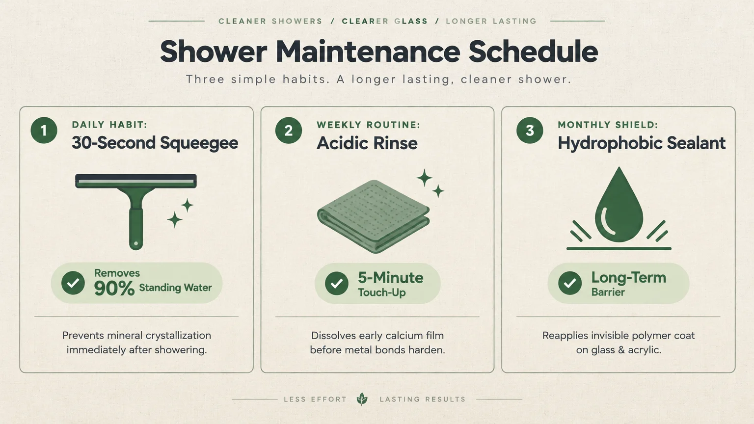 Infographic detailing a shower maintenance schedule across three steps: squeegee, acidic rinse, and hydrophobic sealant.