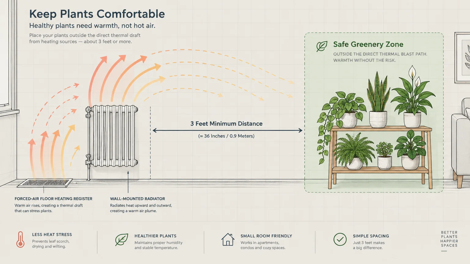 Diagram illustrating a safe greenery zone keeping houseplants at least three feet away from a radiator and floor register.
