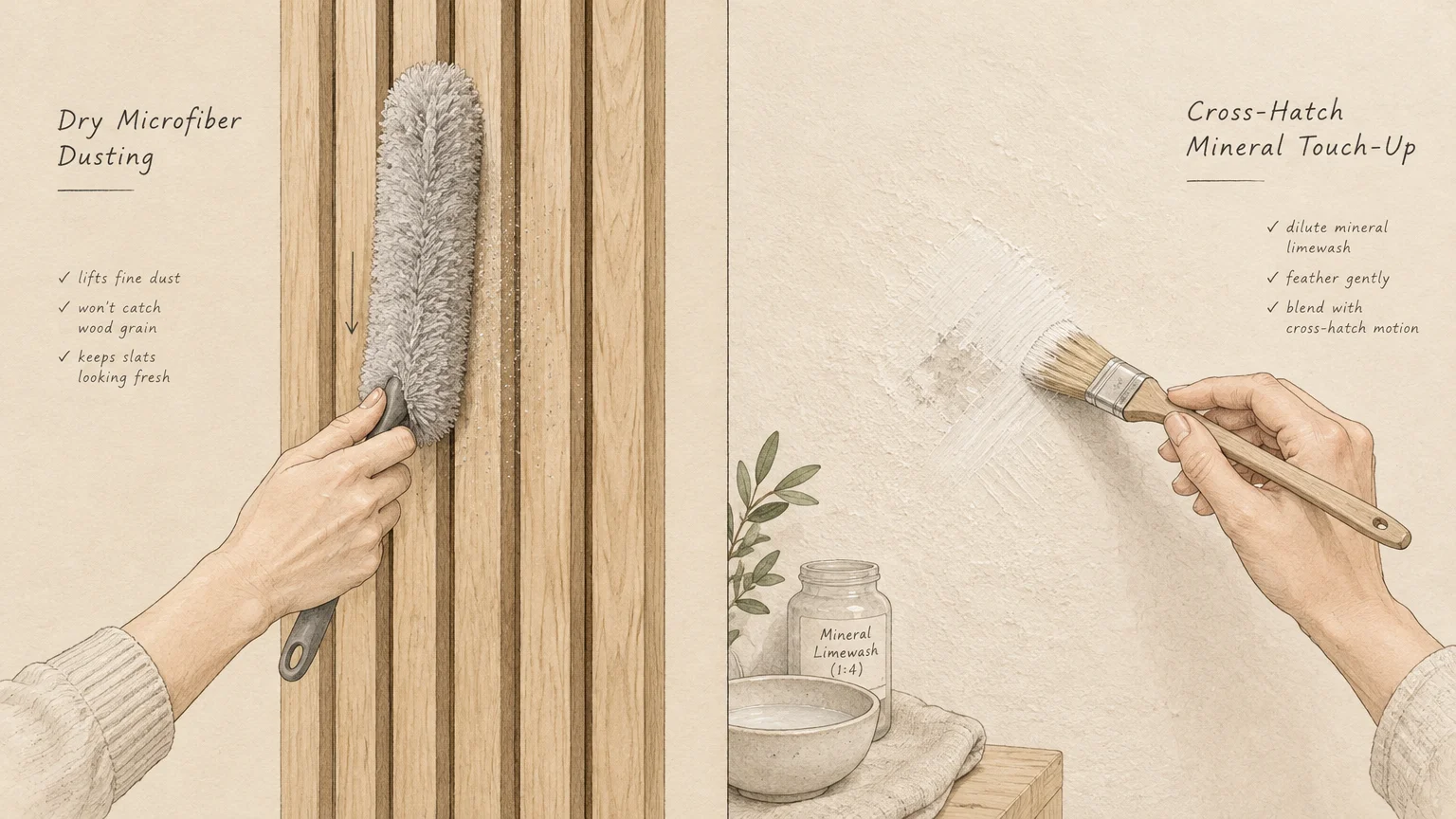 Illustration of hands dusting vertical wood slats with a microfiber wand and touching up a textured wall with a paintbrush.