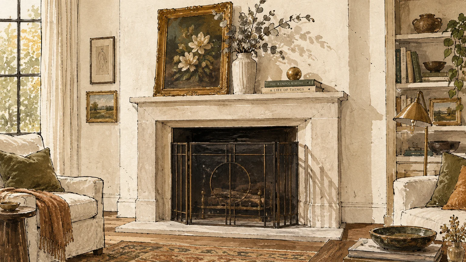 Watercolor illustration of a stone fireplace with a floral oil painting, vase of greenery, and built-in bookshelf.
