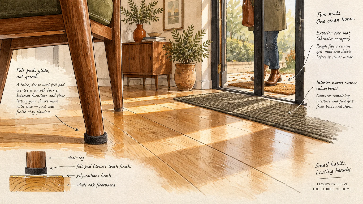Illustration of wood flooring, a chair leg with a felt protector pad, and doormats at an open entryway.