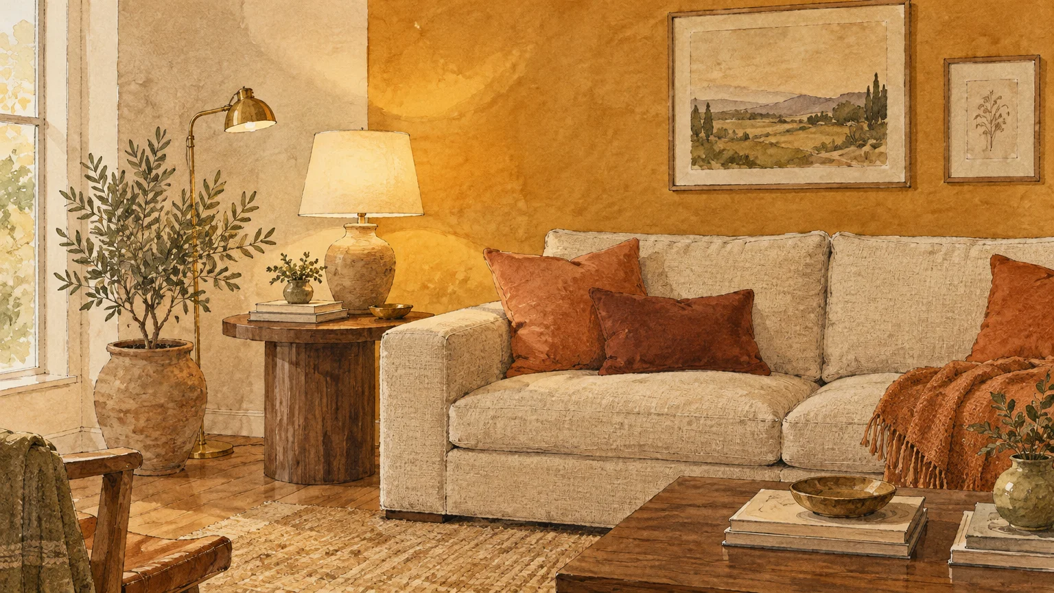 Watercolor illustration of a cozy living room with a beige sofa, warm mustard wall, potted plant, and wooden tables.