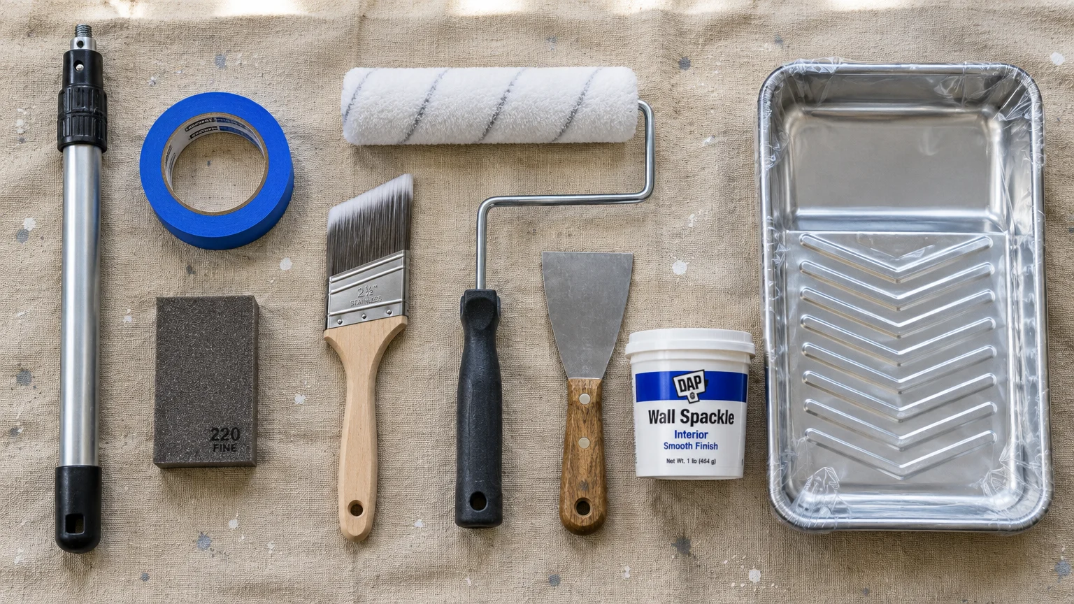 Painting tools laid flat on drop cloth: paint roller, metal tray, angled sash brush, extension pole, tape, and spackle.