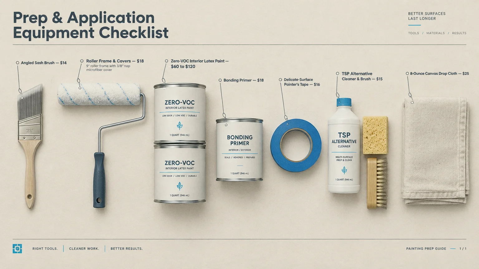 Equipment checklist diagram displaying an angled sash brush, paint roller, paint cans, primer, tape, cleaner, and drop cloth.