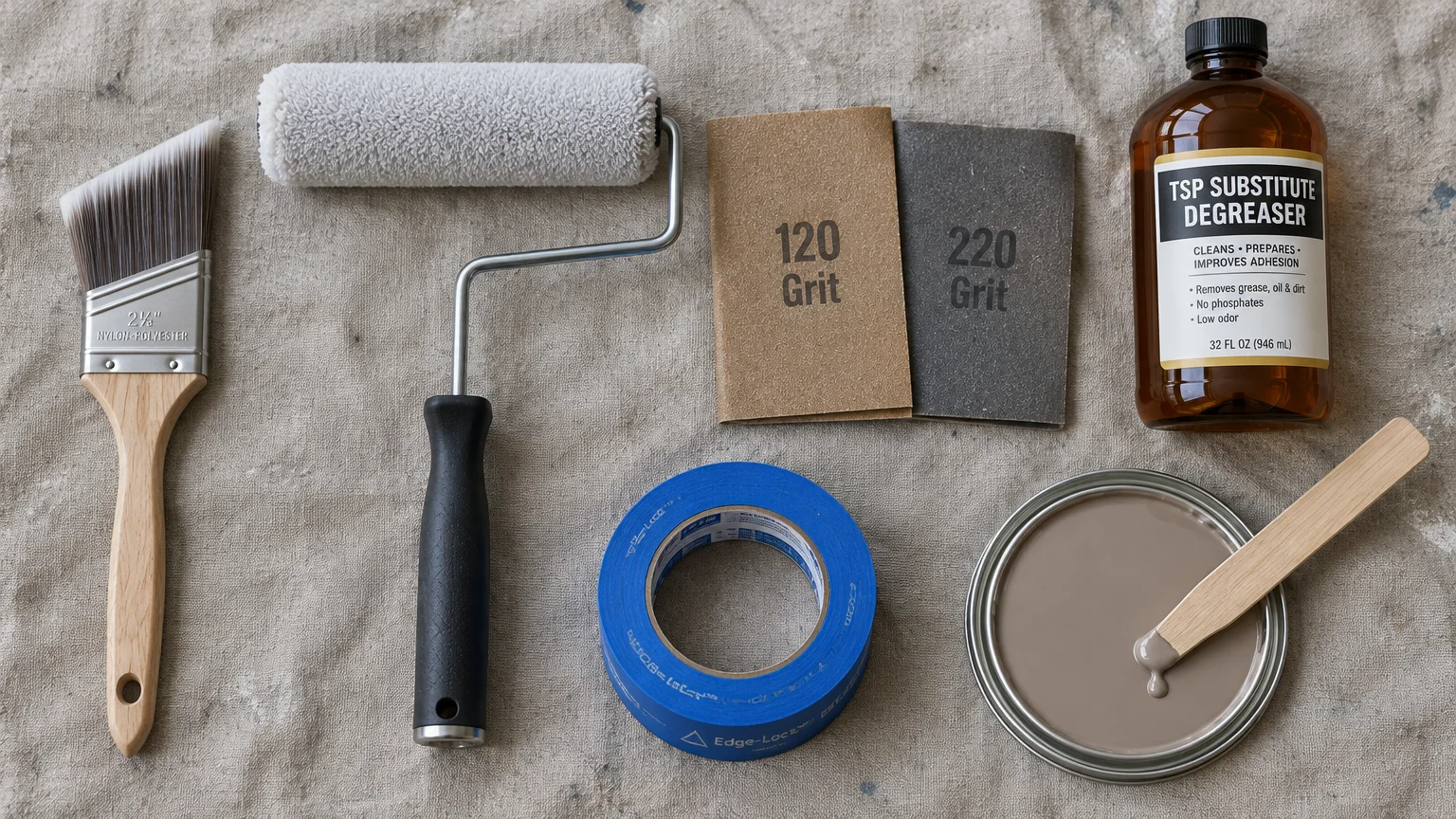 Flat lay of an angled sash brush, paint roller, sandpaper, degreaser bottle, painter's tape, and paint can lid with a stir stick.