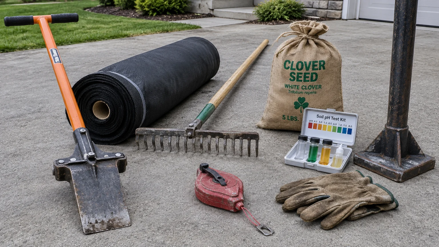 Garden tools, landscape fabric, clover seed bag, soil test kit, chalk line, and work gloves arranged on a driveway.