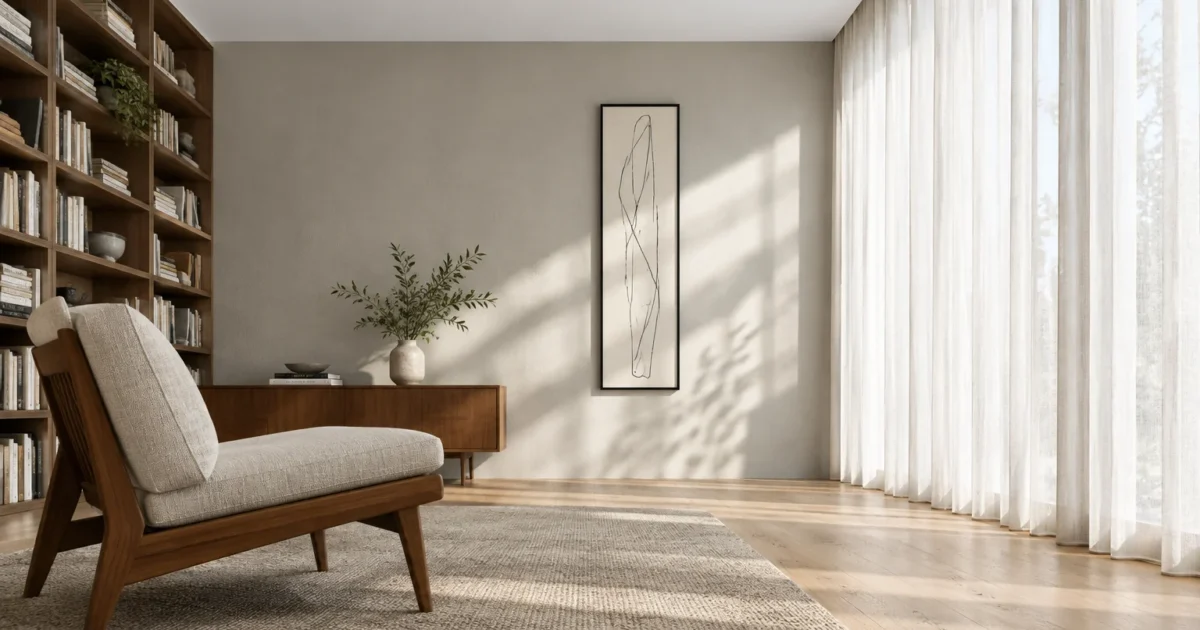 Sunlit living space with beige walls, a wooden armchair, floor-to-ceiling sheer curtains, and built-in bookshelves.