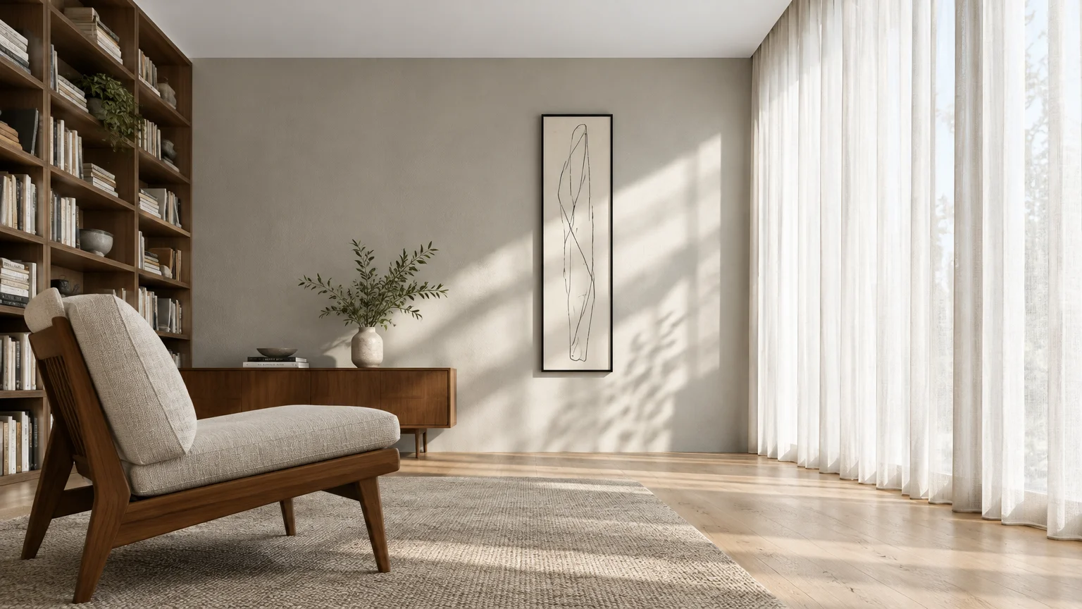 Sunlit living space with beige walls, a wooden armchair, floor-to-ceiling sheer curtains, and built-in bookshelves.