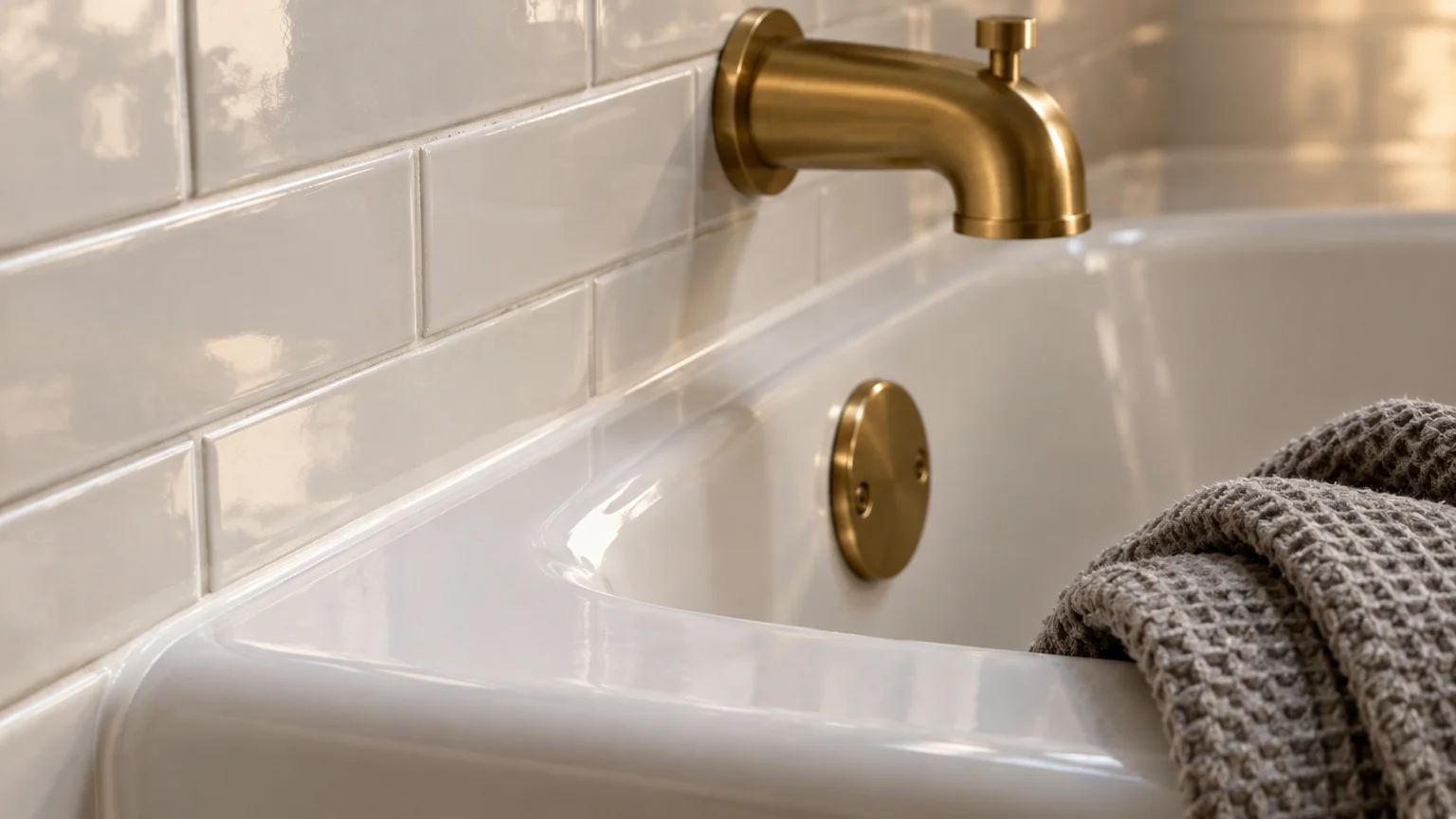 Brushed brass faucet and overflow plate in a white bathtub lined with white subway tile and a textured grey towel.