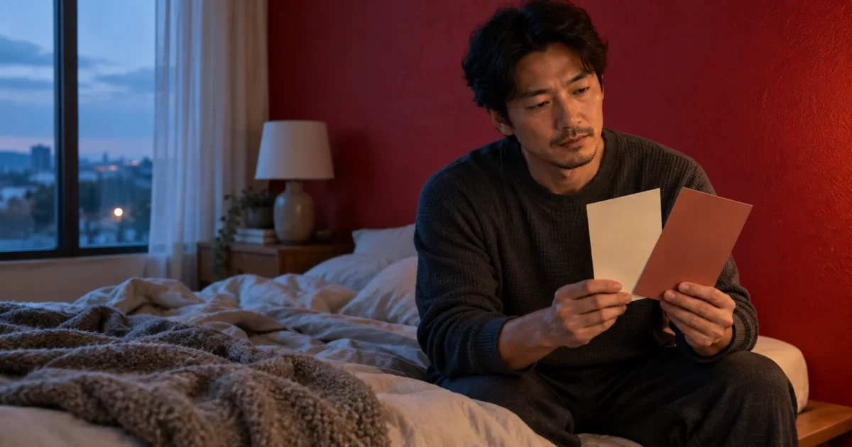 A man sits on an unmade bed against a red wall at dusk, comparing white and terracotta color swatches.