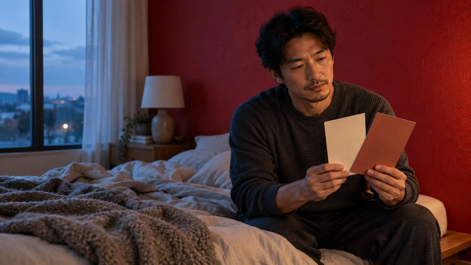 A man sits on an unmade bed against a red wall at dusk, comparing white and terracotta color swatches.