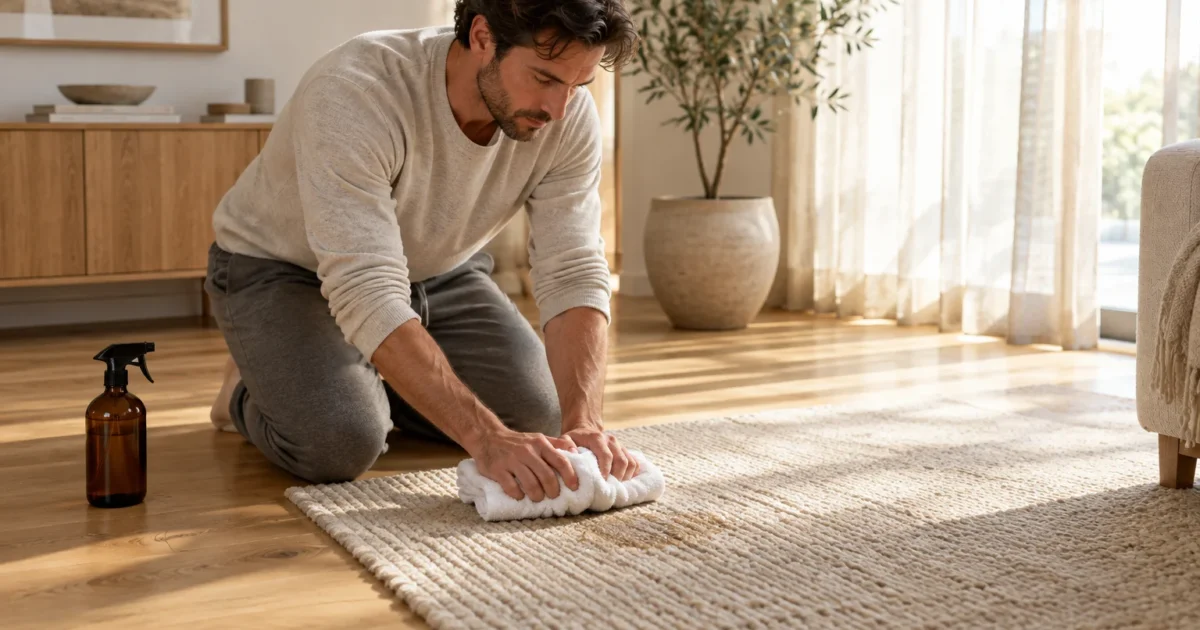 A man kneeling on a hardwood floor blots a wet stain on a beige textured area rug using a white towel.