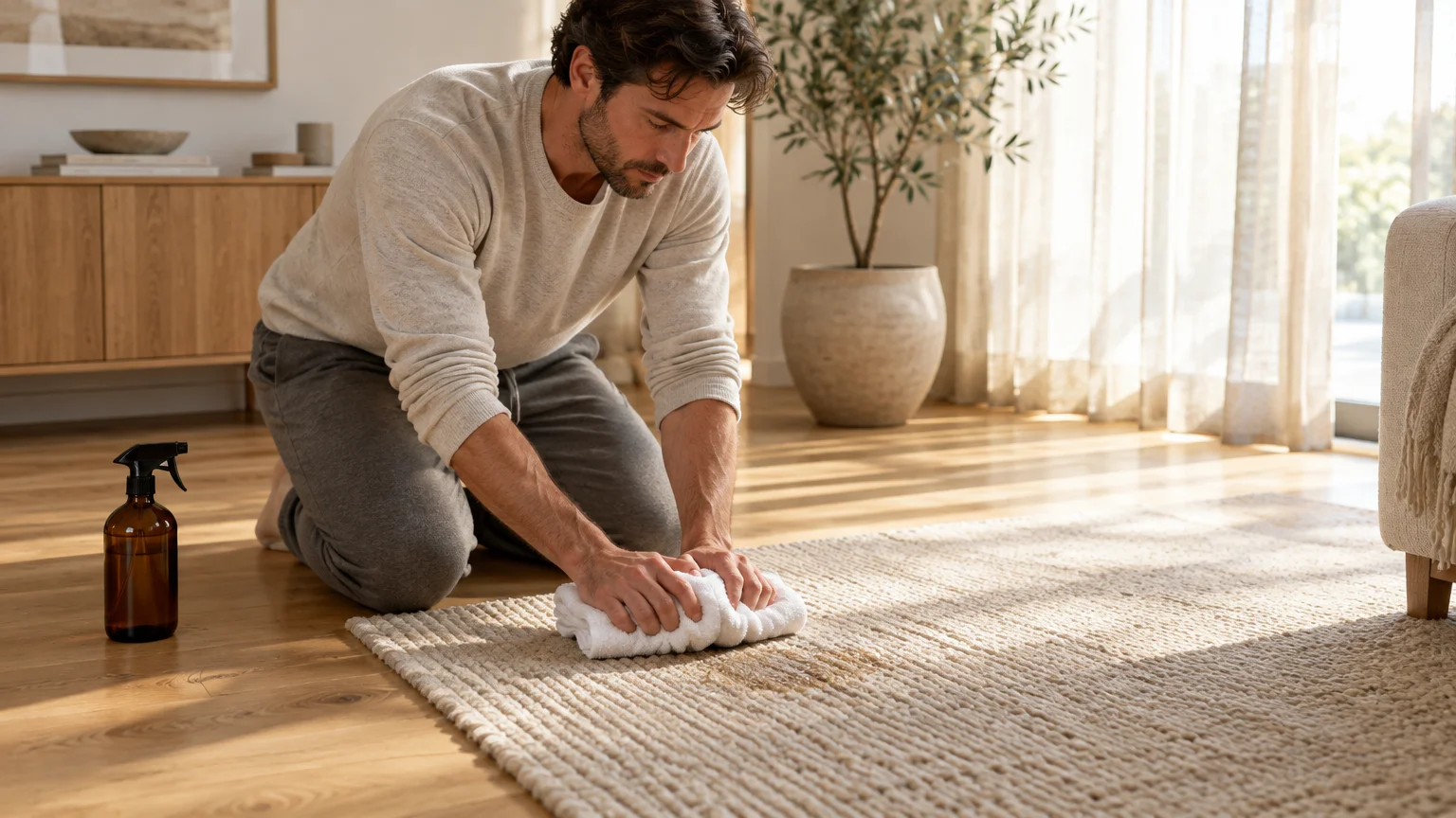 A man kneeling on a hardwood floor blots a wet stain on a beige textured area rug using a white towel.