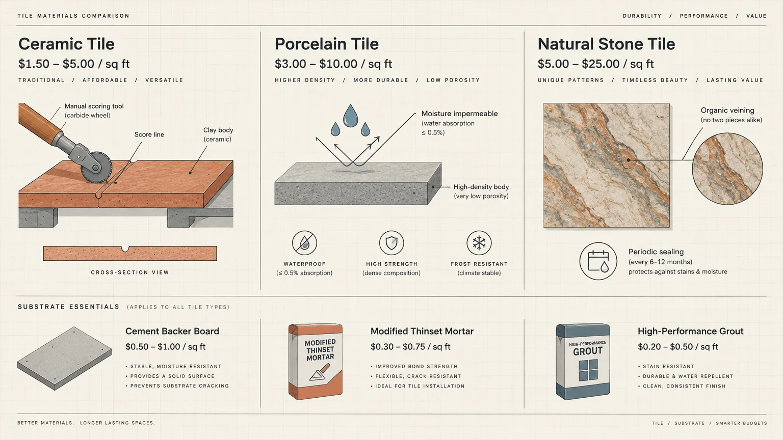 Diagram comparing costs and features of ceramic, porcelain, and natural stone tiles alongside substrate essentials.