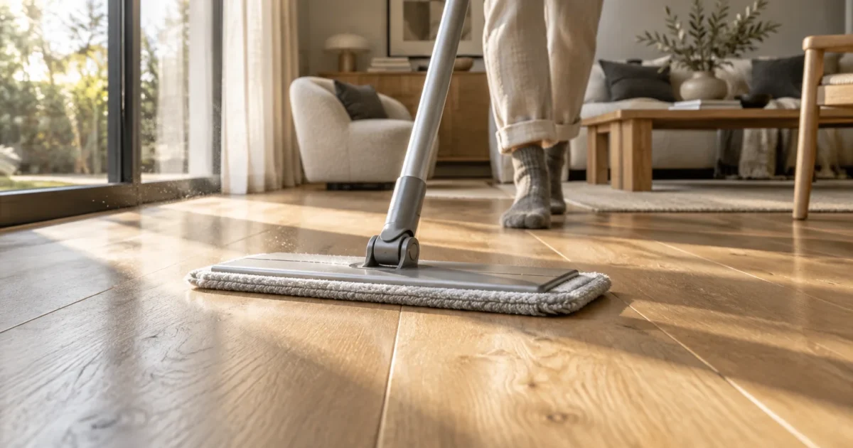 Person using a flat microfiber mop on light hardwood floors in a sunlit living room.