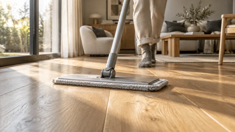 Person using a flat microfiber mop on light hardwood floors in a sunlit living room.