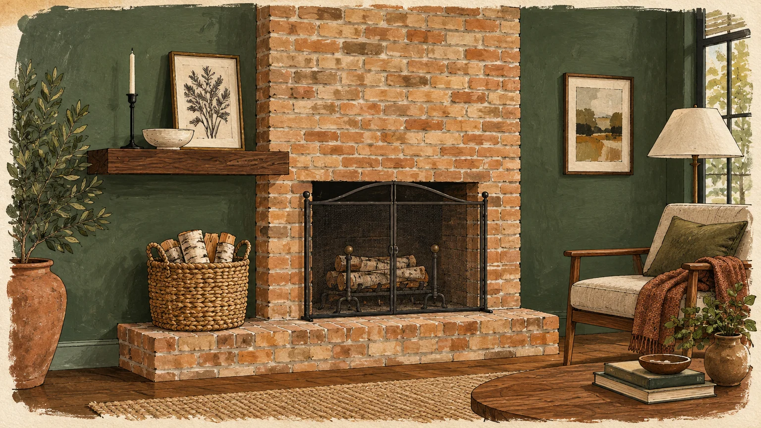 Illustration of a brick fireplace flanked by dark green walls, a wood mantel, an armchair, and potted plants.