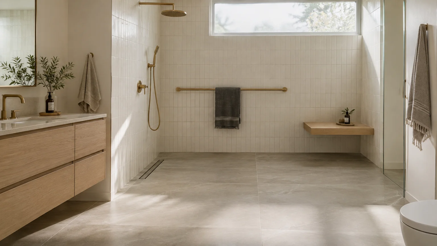 Modern bathroom featuring a curbless walk-in shower with brass fixtures, a mounted grab bar, and a floating wood bench.