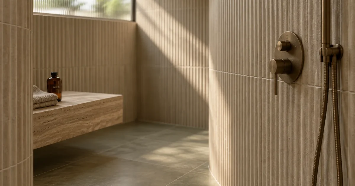 Curved shower wall with vertical beige fluted tiles, a bronze fixture, and a floating stone bench in soft sunlight.