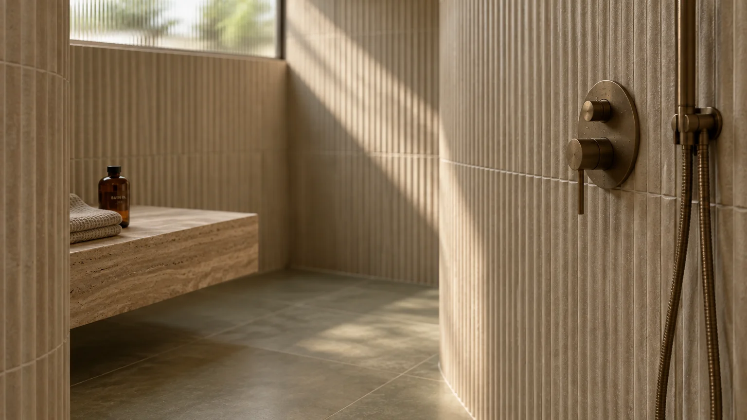 Curved shower wall with vertical beige fluted tiles, a bronze fixture, and a floating stone bench in soft sunlight.