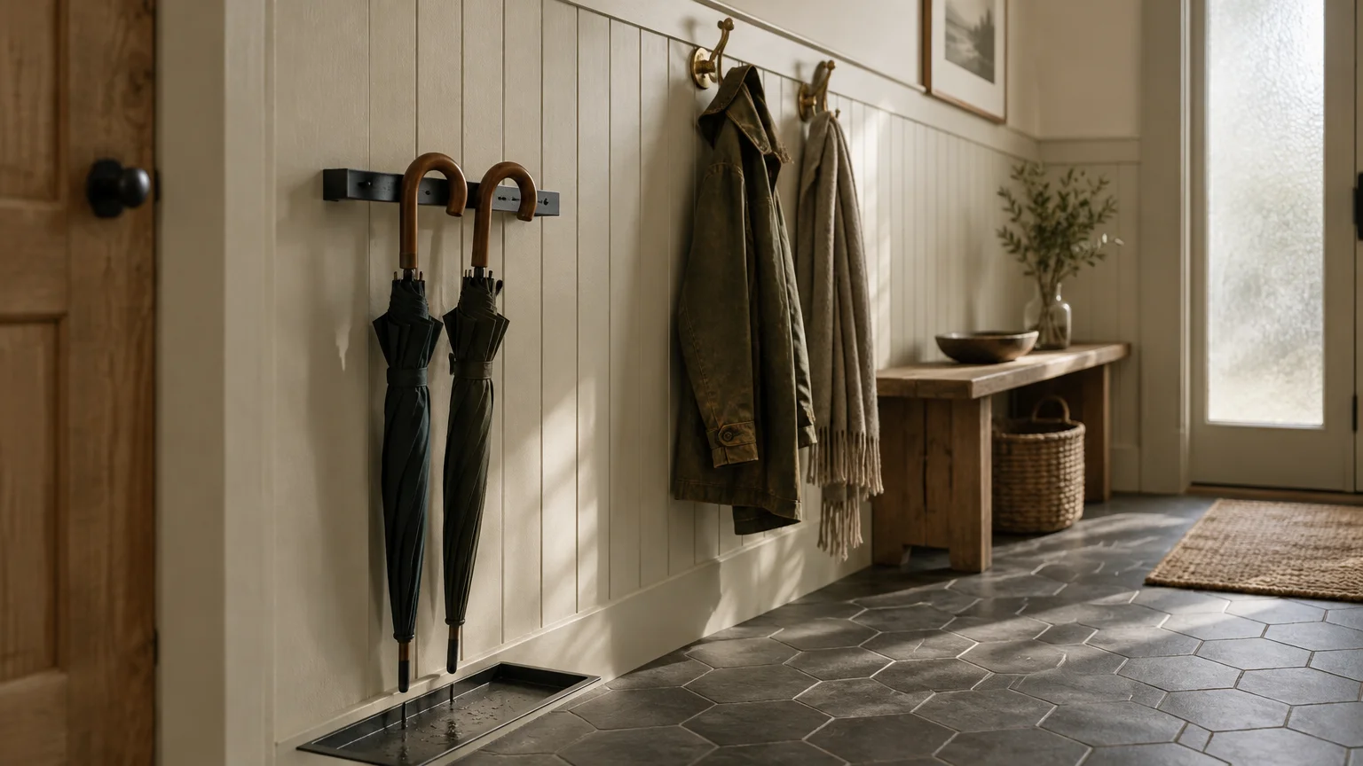 Umbrellas hang on a paneled wall above a recessed floor tray beside coats on hooks and a wooden bench.