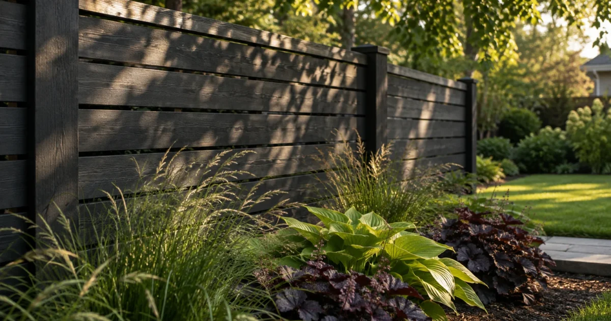 Dark charcoal horizontal wooden fence bordered by ornamental grasses and hostas in a landscaped yard.
