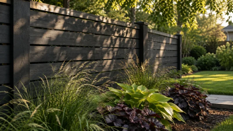 Dark charcoal horizontal wooden fence bordered by ornamental grasses and hostas in a landscaped yard.