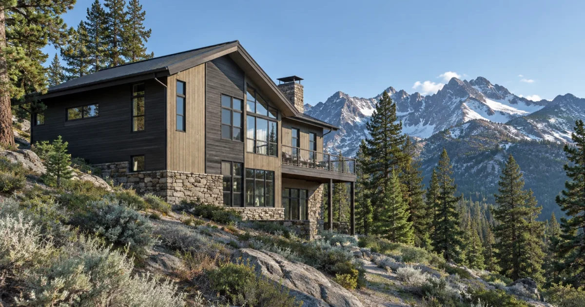 Modern two-story mountain home with dark wood siding, stone foundation, and large windows facing snow-dusted peaks.