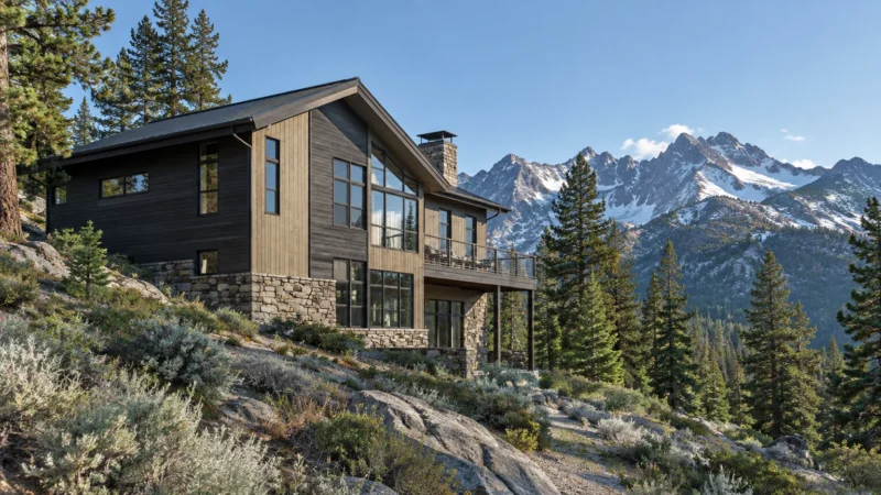 Modern two-story mountain home with dark wood siding, stone foundation, and large windows facing snow-dusted peaks.