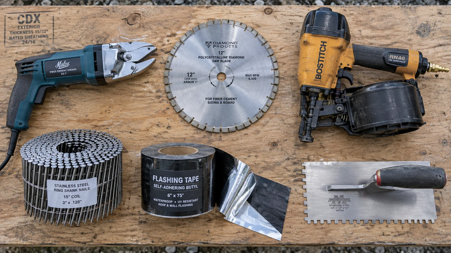 Electric fiber cement shears, diamond saw blade, coil nailer, coil nails, flashing tape, and trowel on plywood.