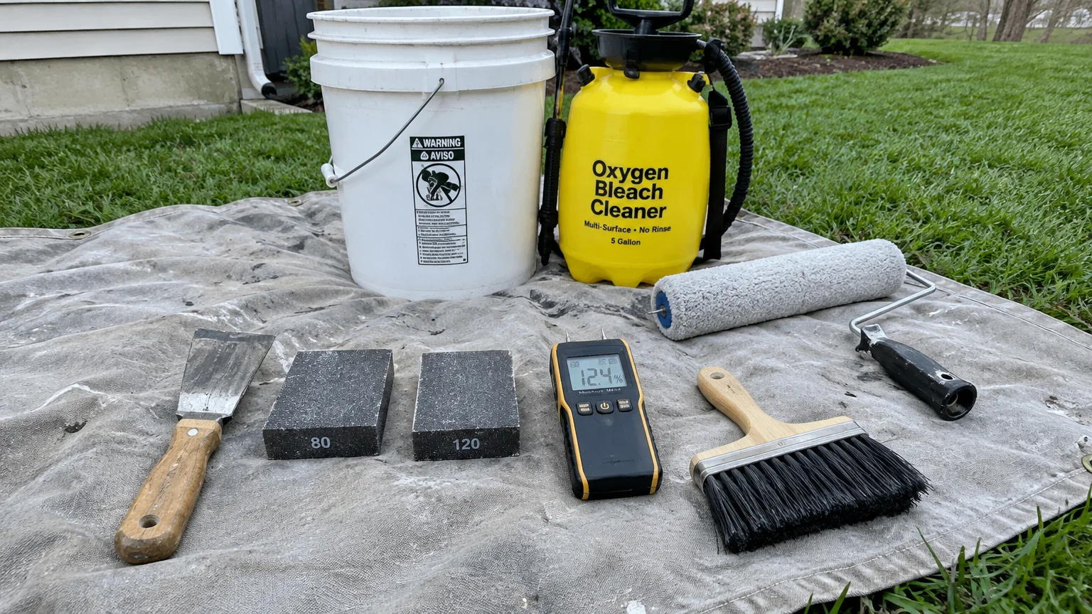 Paint prep gear on a tarp: bucket, oxygen bleach sprayer, roller, putty knife, sanding blocks, moisture meter, and brush.