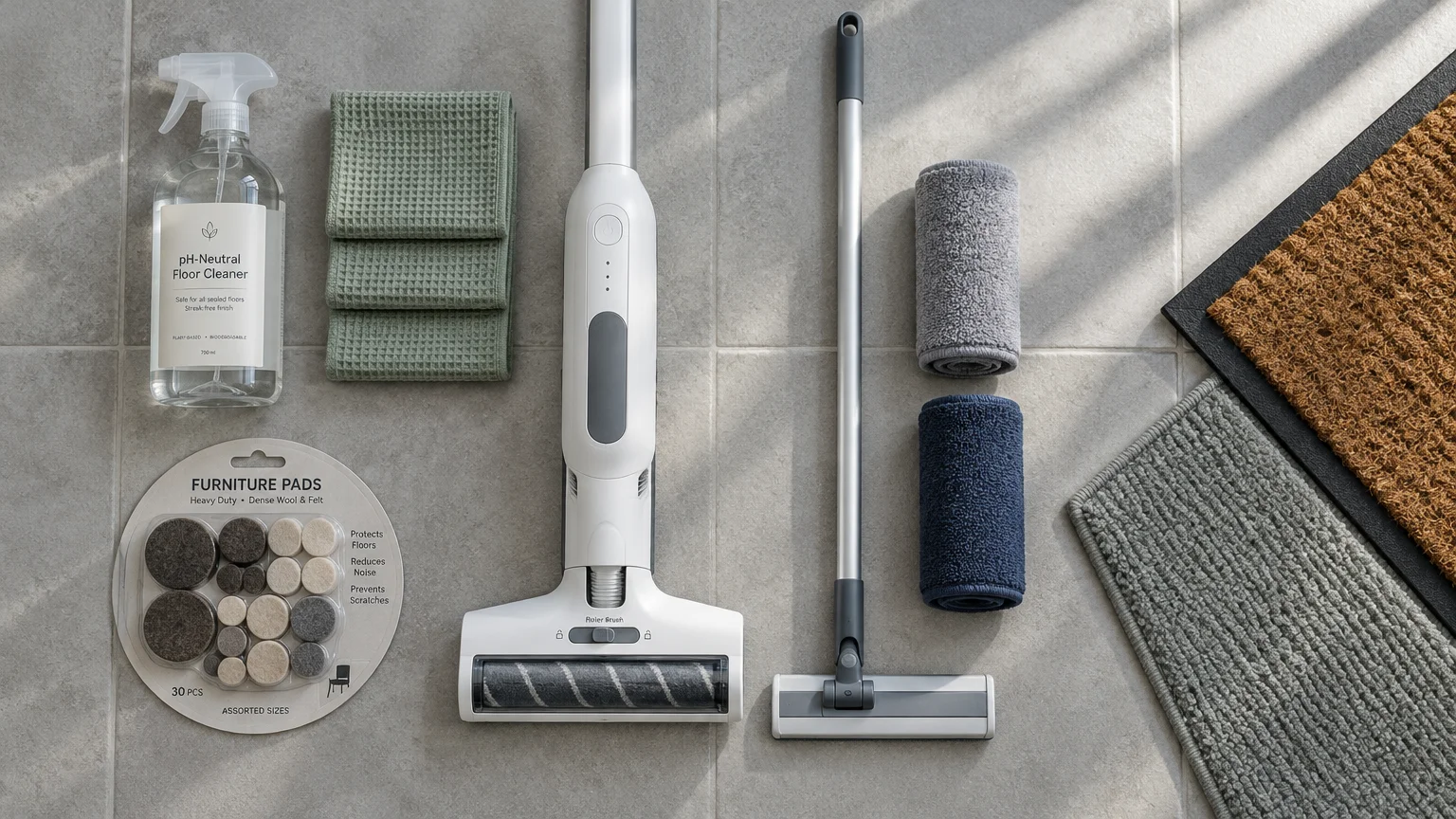 Floor cleaning tools including a cordless vacuum, flat mop, microfiber cloths, spray bottle, and furniture pads on tile.