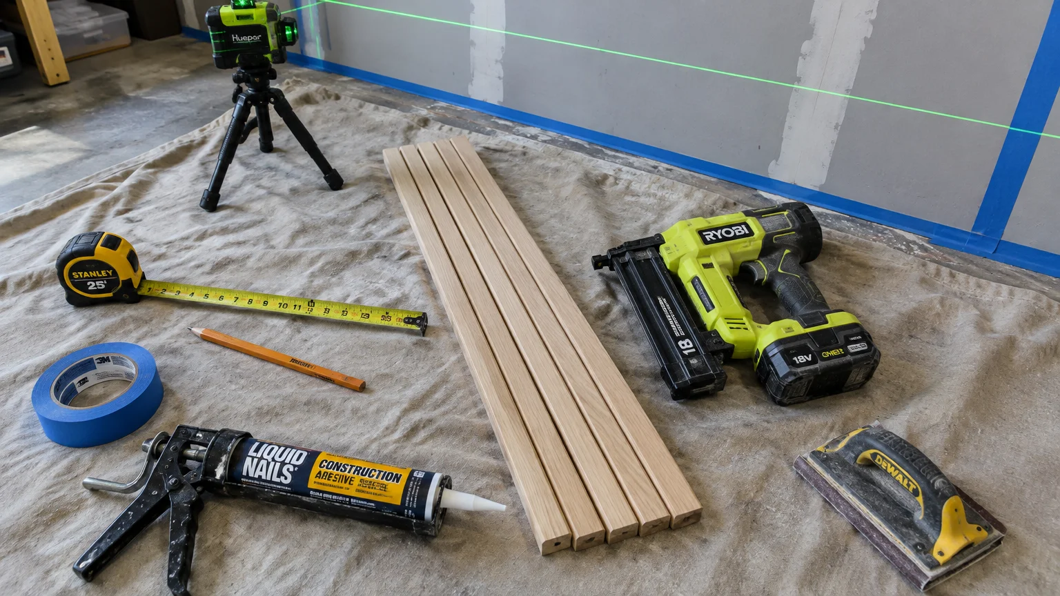 Carpentry tools, wood slats, tape measure, caulk gun, brad nailer, and a laser level on a drop cloth.