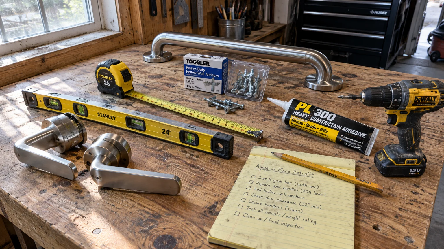 A workbench with door levers, level, tape measure, grab bar, anchors, adhesive, cordless drill, and a retrofit checklist notepad.