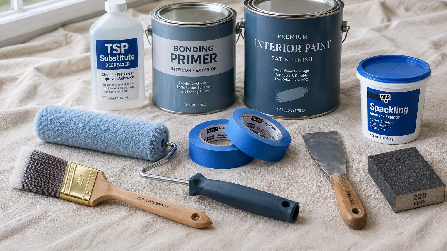 Paint cans, primer, TSP cleaner, spackle, roller, brush, putty knife, and sanding sponge on a drop cloth.