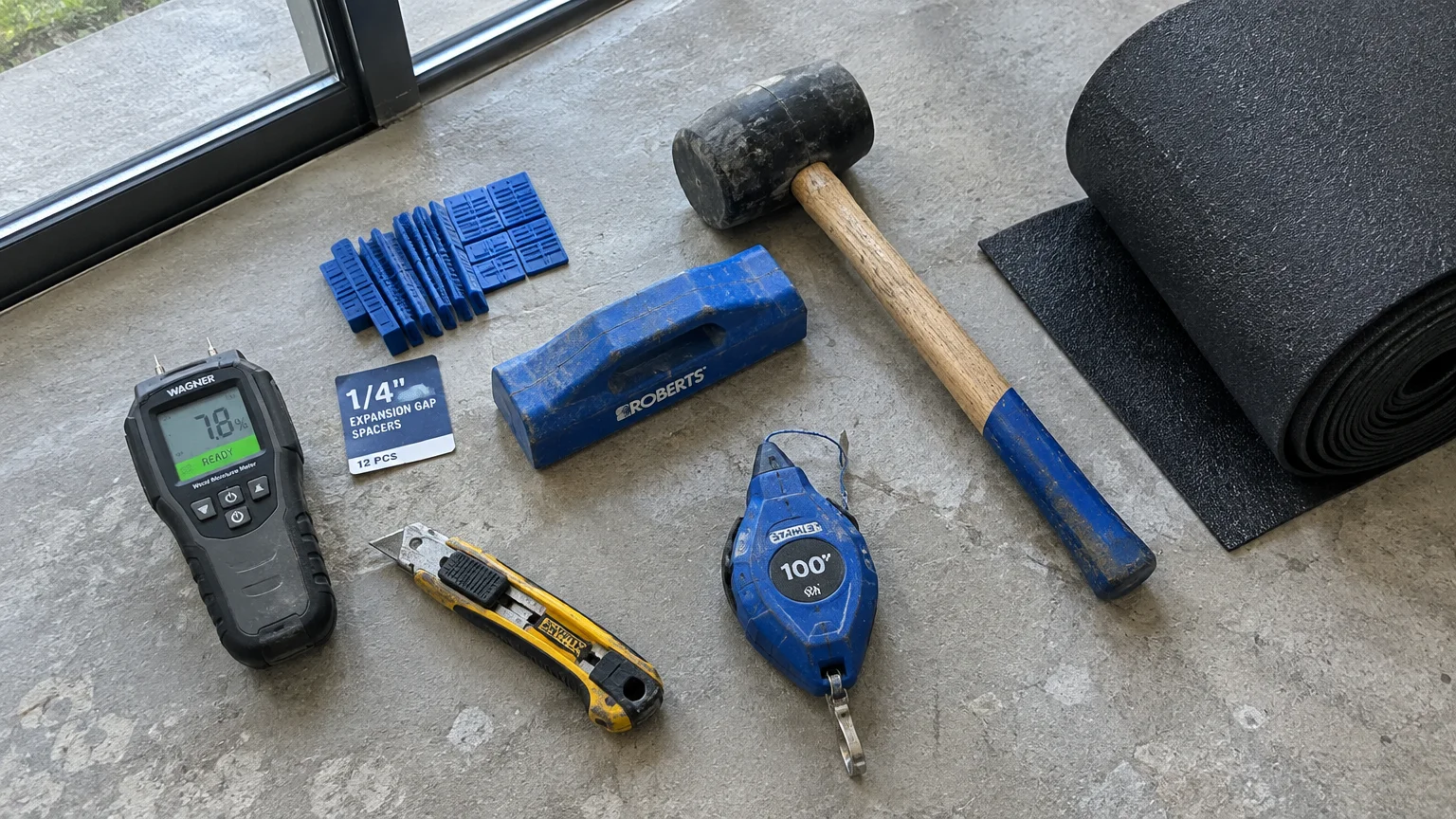 Flooring installation tools including a moisture meter, mallet, tapping block, spacers, and underlayment on concrete.