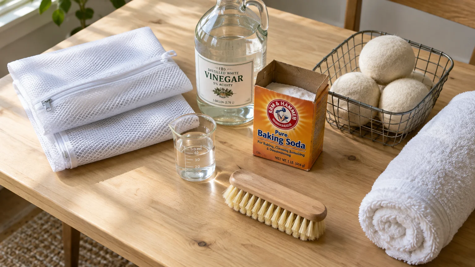 Laundry supplies including mesh bags, white vinegar, baking soda, wool dryer balls, a measuring beaker, brush, and towel.